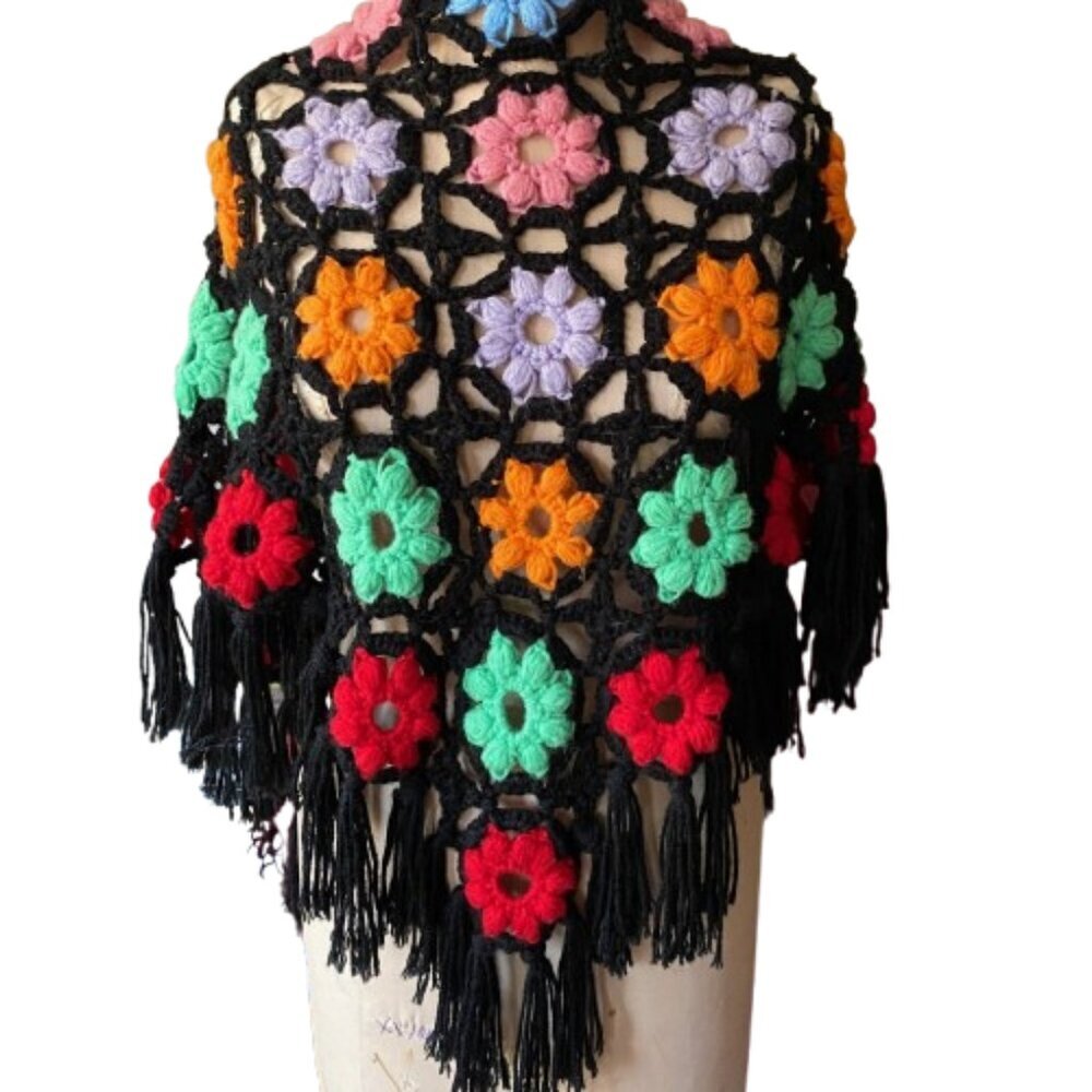 Vintage crochet knit granny flowers floral multicolor wrap scarf shawl w fringe - Picture 9 of 12